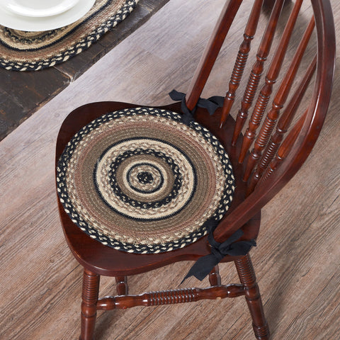Victorian Heart Sawyer Mill Charcoal Creme round Jute Chair Pad on Chair