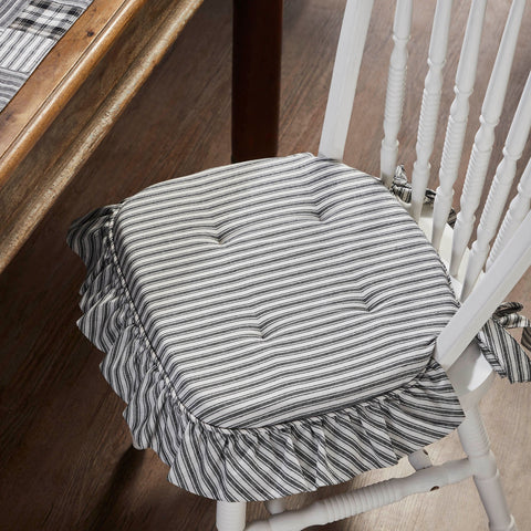 Victorian Heart Sawyer Mill Black Ticking Stripe Ruffled Chair Pad on chair