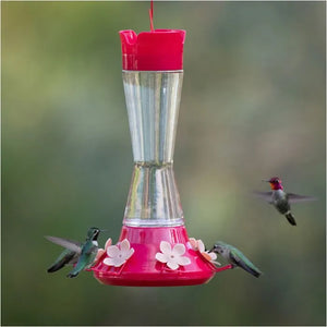 Top-Fill Pinch-Waist Glass Hummingbird Feeder 9202 with hummingbirds