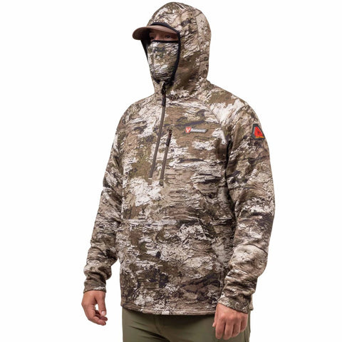 Man wearing a Huntworth men's Grayling Heat Boost Softshell camo hunting hoodie