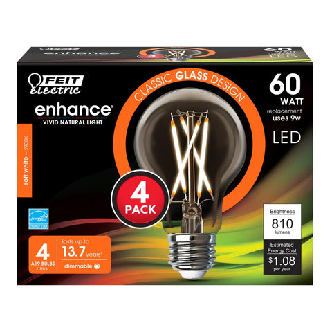 4-Pack 60W Soft White A19 LED Light Bulbs A1960CL927CAFL4