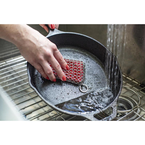 Lodge Cast Iron Chainmail Scrubbing Pad in use