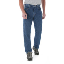 Antique Indigo Wrangler Relaxed fit jeans, front view.
