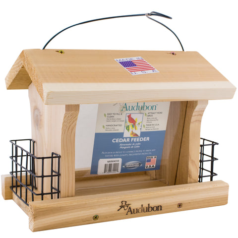 Audubon Wooden Bird Feeder with suet cake cages.