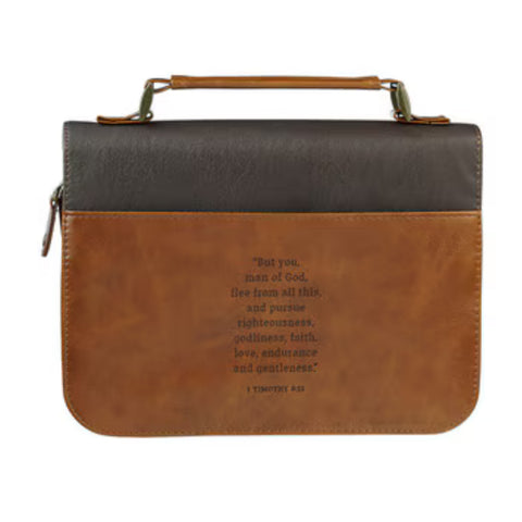 Man of God Honey Brown & Expresso Faux Leather Bible Cover 1 Timothy 6:11 BBL819