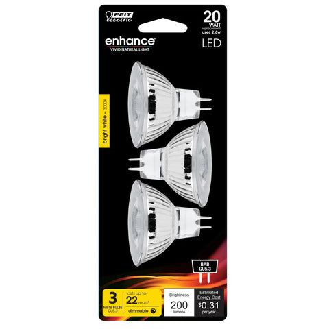 Bright White 3-Pack 20W MR16 Dimmable Enhance Reflector LED Light Bulbs BPBAB