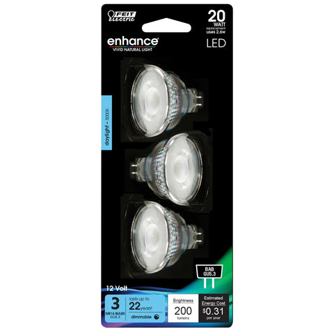 Daylight 3-Pack 20W MR16 Dimmable Enhance Reflector LED Light Bulbs BPBAB
