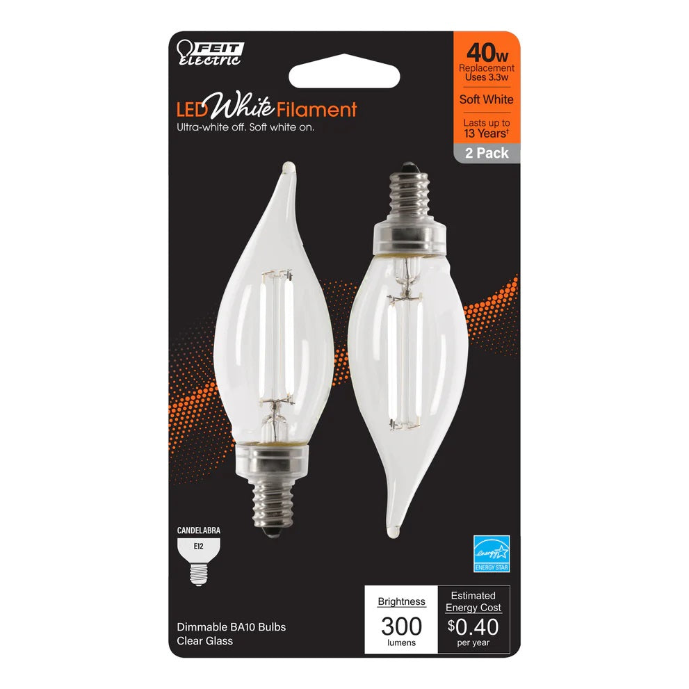 2-Pack 40W LED White Filament Flame Tip Light Bulbs BPCFC40927WFIL2