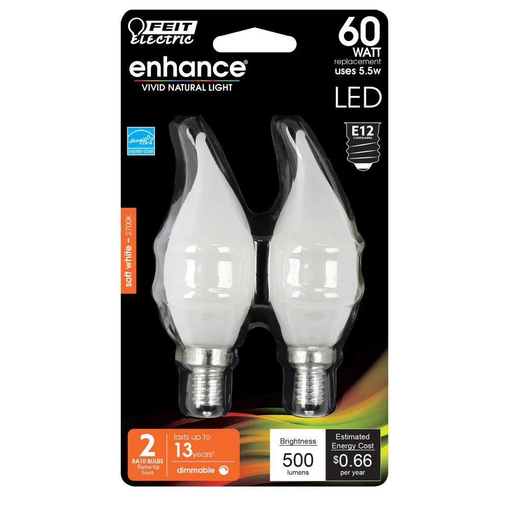 2-Pack 60W Soft White Flame Tip Frost Enhance LED Light Bulbs BPCFF60927CAF2R