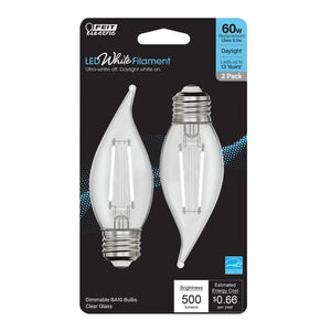 Daylight 2-Pack 60W LED White Filament Flame Tip Light Bulbs BPEFC609