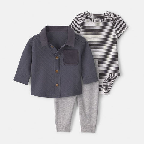 Baby Boy's 3-Piece Layering Set with Long Sleeve Top, Bodysuit & Pants, Gray Quilted Shacket