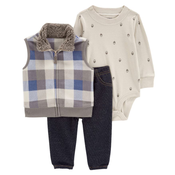 Baby Boys' 3-Piece Plaid Fleece-Lined Vest Set 1R5407