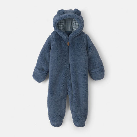 Baby Teddy Bear Fleece Long-Sleeve Jumpsuit, Boy's, Size 3 Months, Solid Blue Pram