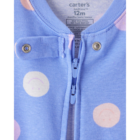 Baby Girl Smiley Face Print 100% Cotton Long-Sleeve Snug Fit 1-Piece Pajamas - Blue