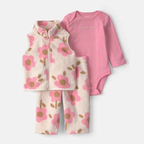Baby Girl's 3-Piece Floral Fleece Vest, Bodysuit & Pants Layering Set 1W089410