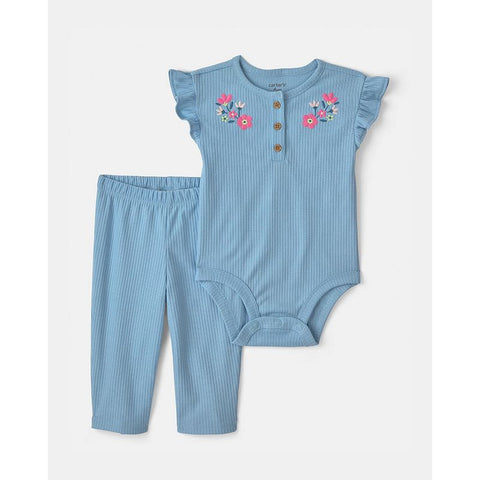 Baby Girl's Blue Embroidery 2-Piece Bodysuit & Pant Set 1V323510