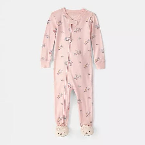 Baby Girls' Footed Round Neck Long Sleeve One Piece Pajama 1U649510