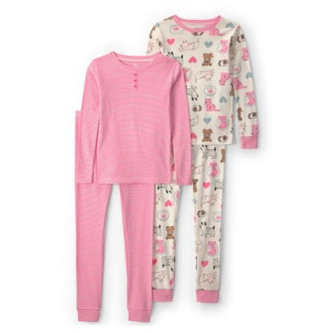 Baby & Toddler Girl's 4-Piece Tight Fit Cotton Pajama Set, Pet Print W/Pink Stripe W133110