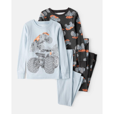 Boys' Print 100% Cotton Long-Sleeve Snug Fit 4-Piece Pajamas 3T534