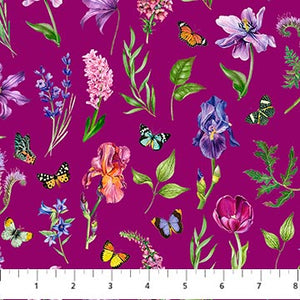 Deborahs Garden Collection Botanics and Butterflies Cotton Fabric DP25594 magenta