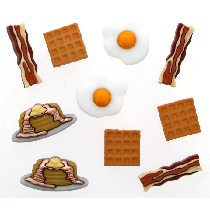 Bacon, egg, pancake, and waffle buttons.