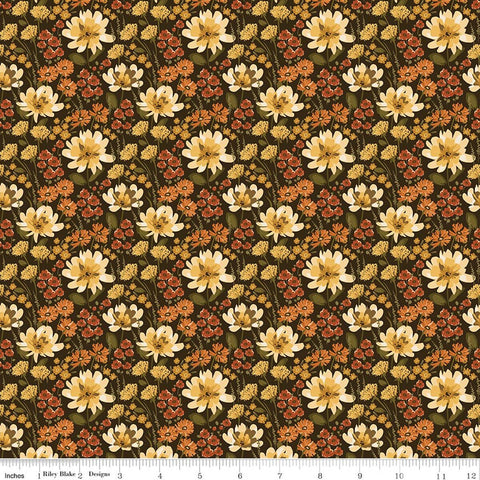 mocha, Bountiful Collection Floral Print Cotton Fabric C17861