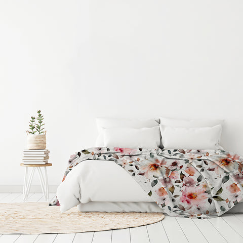 pastel salmon floral, Queen-sized Fleece Floral Printed Blanket CC60