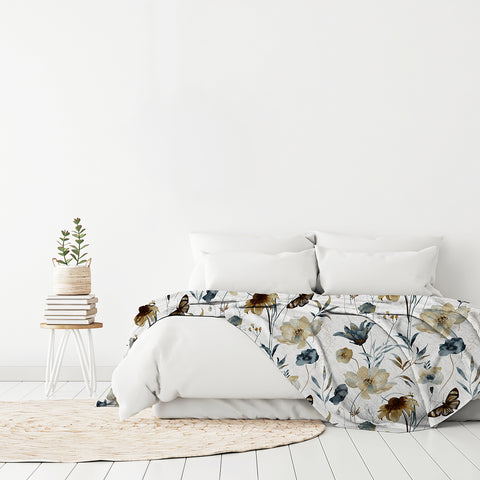 vintage blue floral, Queen-sized Fleece Floral Printed Blanket CC60