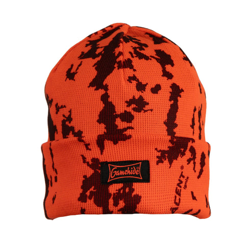 Gamehide knit insulated hunting beanie cap in acent ignis orange camo pattern