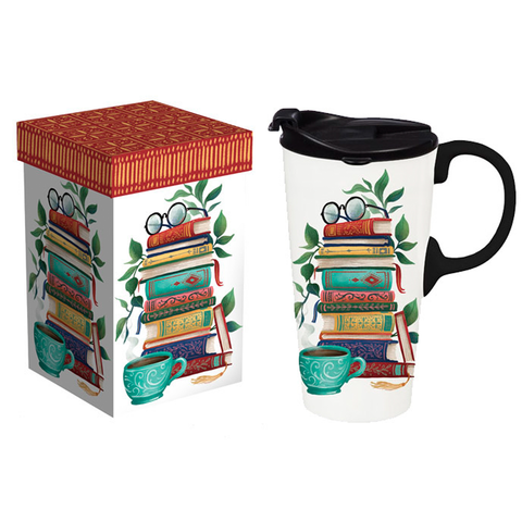 Ceramic Travel Cup 17 oz. With Gift Box, Books on Books 3CTC011 A