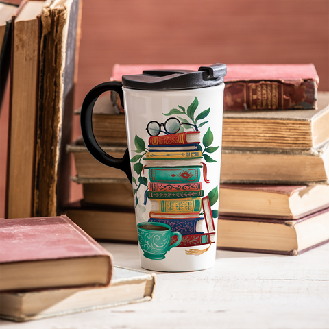 Ceramic Travel Cup 17 oz. With Gift Box, Books on Books 3CTC011 B
