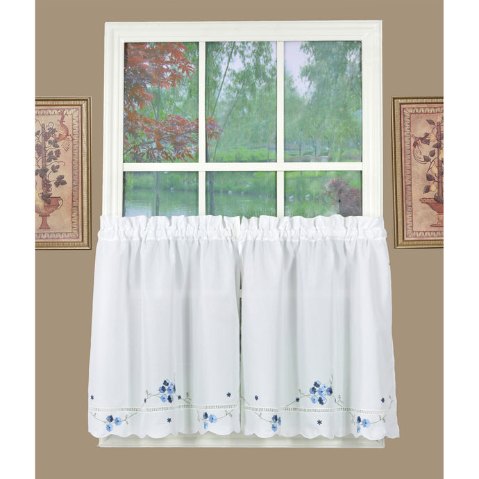 White and blue floral tier curtains
