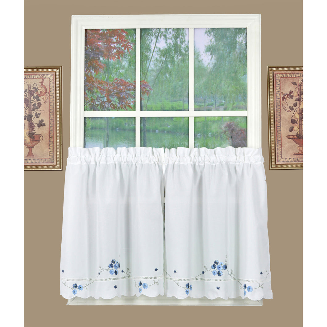 White and blue floral tier curtains