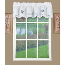 White curtain valance with blue flowers