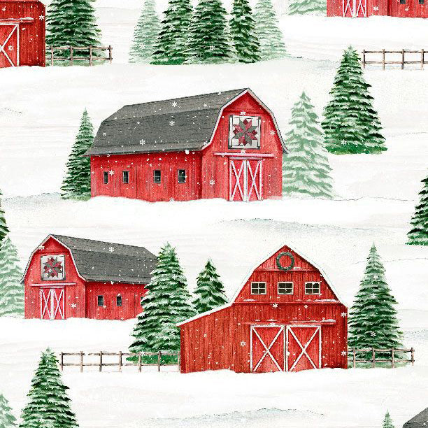 Country Cardinals Collection Snowy Barn Cotton Fabric 20053-173