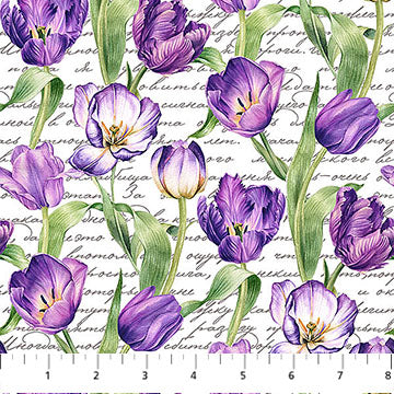 Tulip Garden Collection Flowers with Script Cotton Fabric DP28495