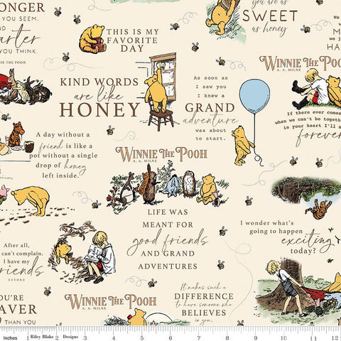 cream, Winnie the Pooh Collection Quotes Cotton Fabric F17502