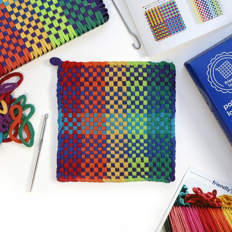 potholders made with Friendly Loom Potholder PRO loom kit