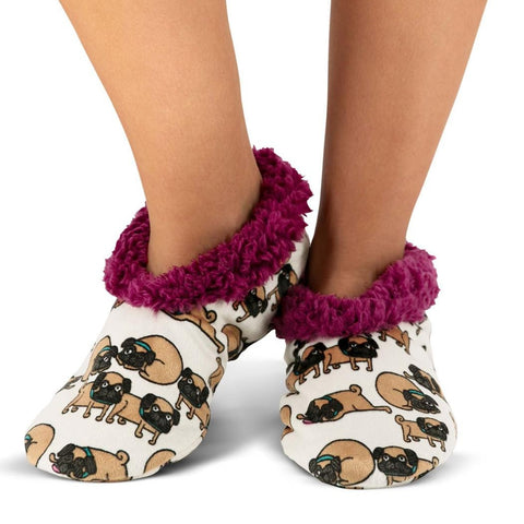 Lazy One Snug as a Pug Fuzzy Feet women's slippers on feet