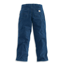 Flame Resistant Carhartt denim pants- back, Carhart logo label on the back pocket.