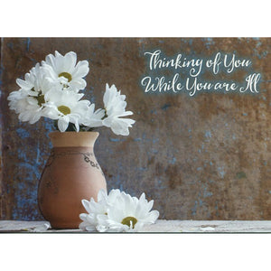 Front of Card 2: Thinking of You While You Are Ill, white daisies in pot