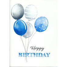 Front of Card 3: Blue and silver balloons, Happy Birthday