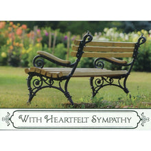 Front of Card 1: With Heartfelt Sympathy, Bench with Colorful Flowers in Background