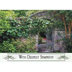Front of Card 2: With Deepest Sympathy, Gate Covered with Plant Growth