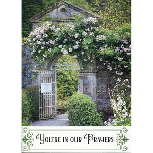 Front of Card 4: You're in our Prayers, gate covered with flowers