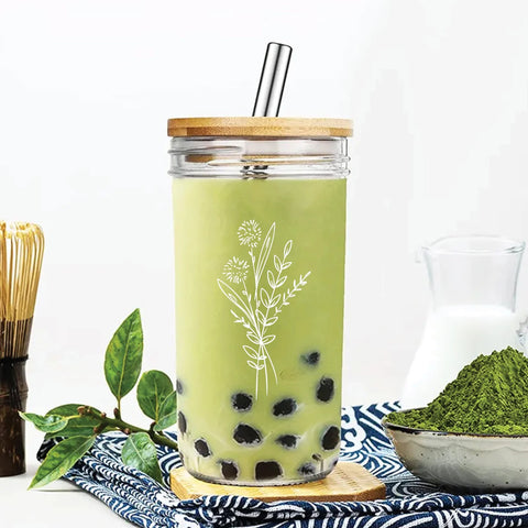Grace & Joy Company glass cold brew tumbler with floral bouquet design