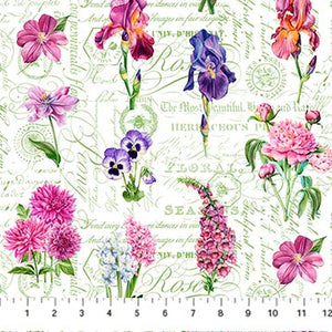 Deborahs Garden Collection Flowers on Text Cotton Fabric DP25592