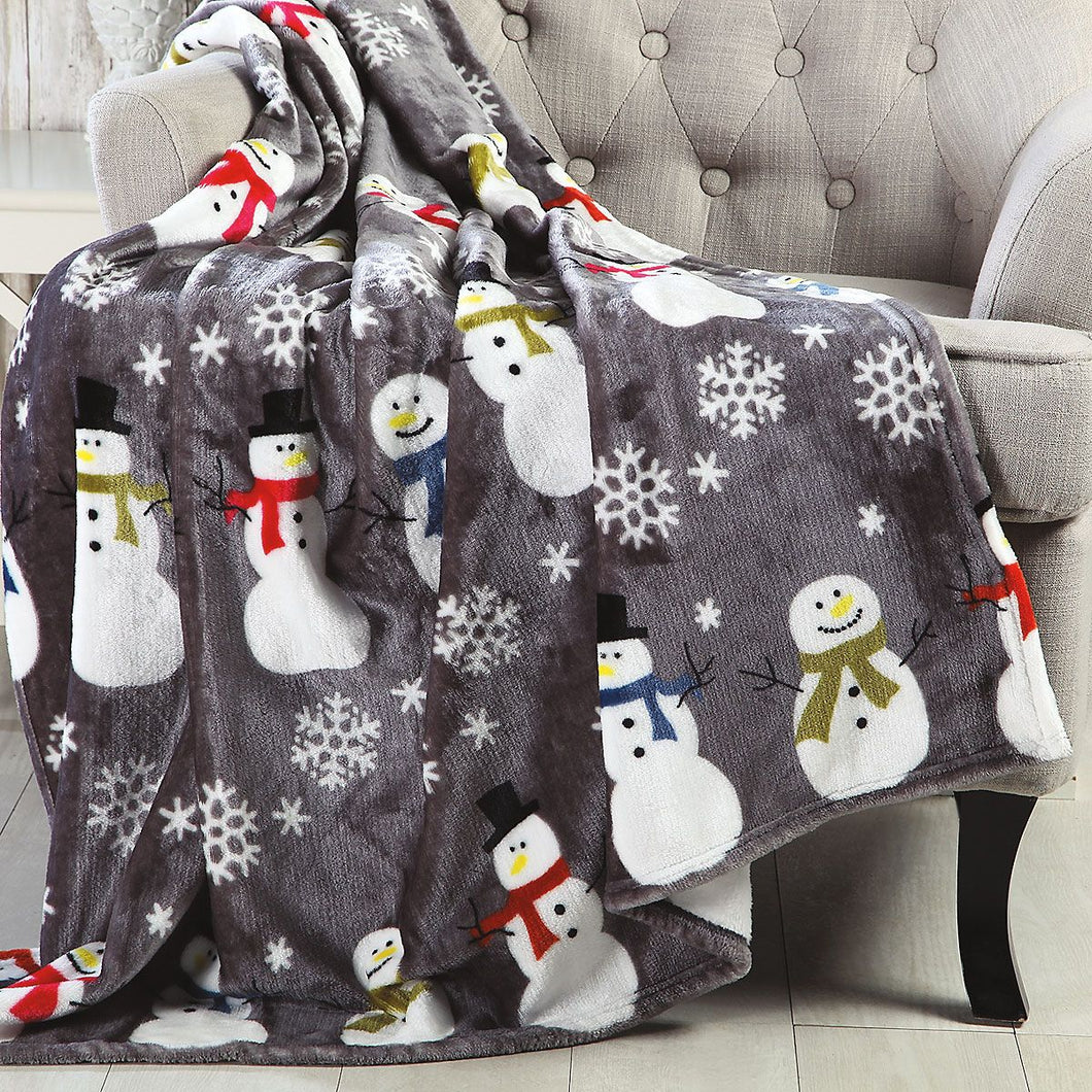 Gray snowman throw blanket draped on chair