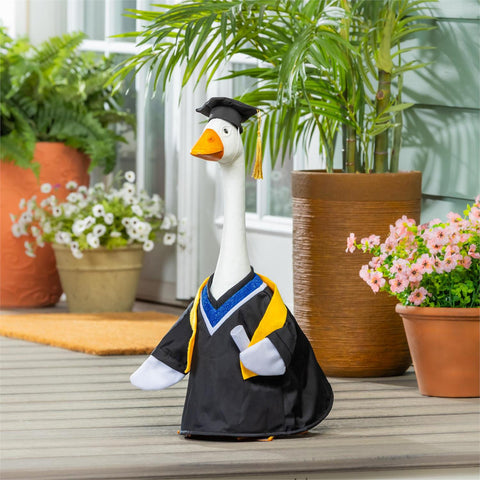 Giddy the Porch Goose dressed in graduate cap & gown