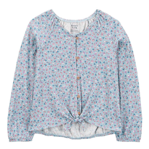 Girls' Floral Gauze Long-Sleeve Button-Up Top - Blue 3S044410